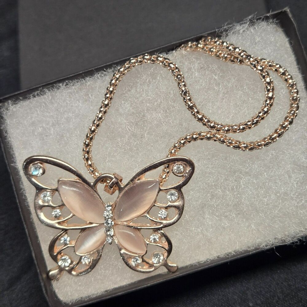 Butterfly Pendant Necklace Rose Gold Tone Pink Stones Clear CZ 28 Inch Chain